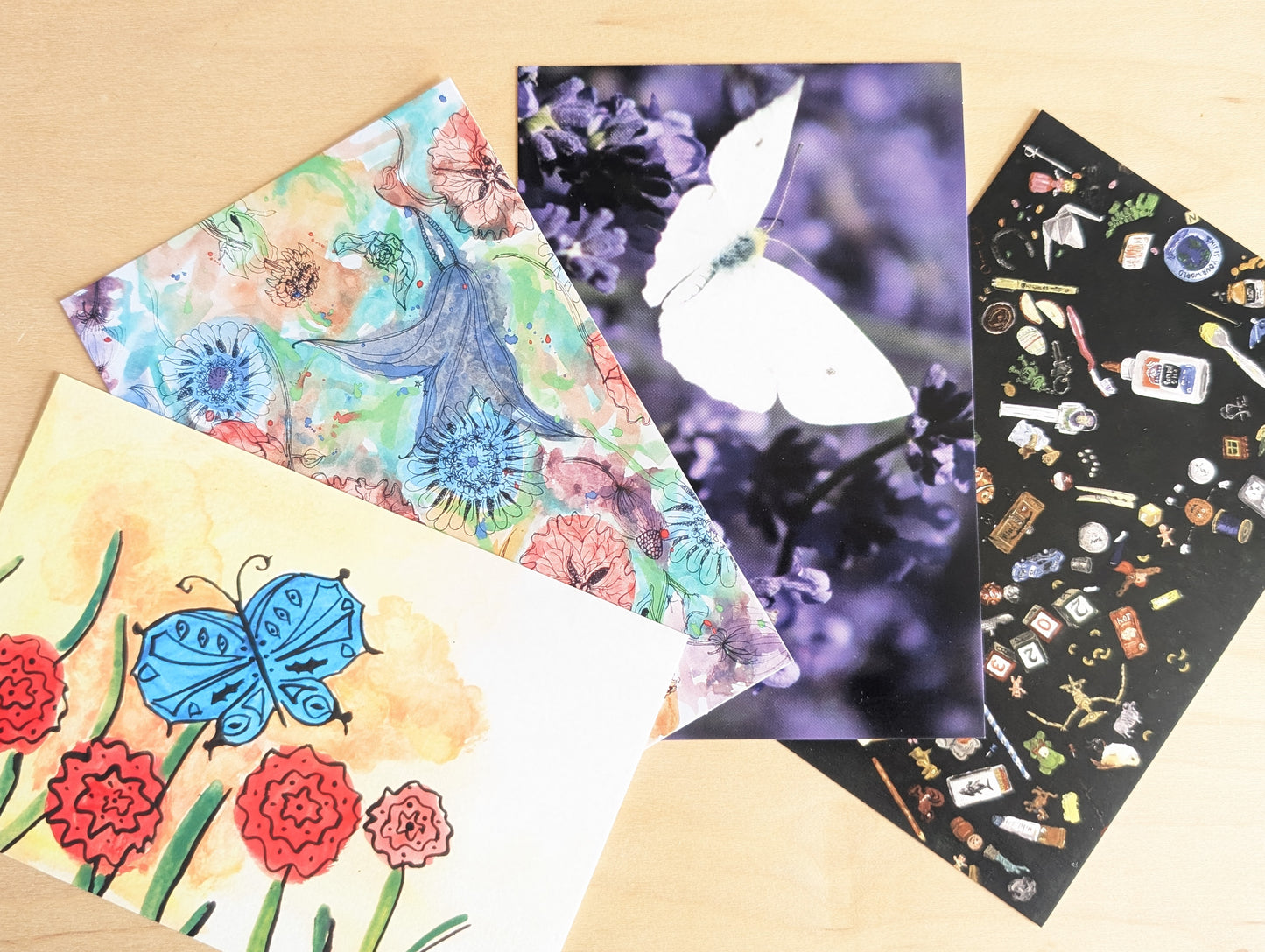 4 Epoch Post Original Postcards 2024, 4x6 Inch Postcards, White Cabbage Butterfly and Lavender, Little Things, Britabean Logo, Sound Garden