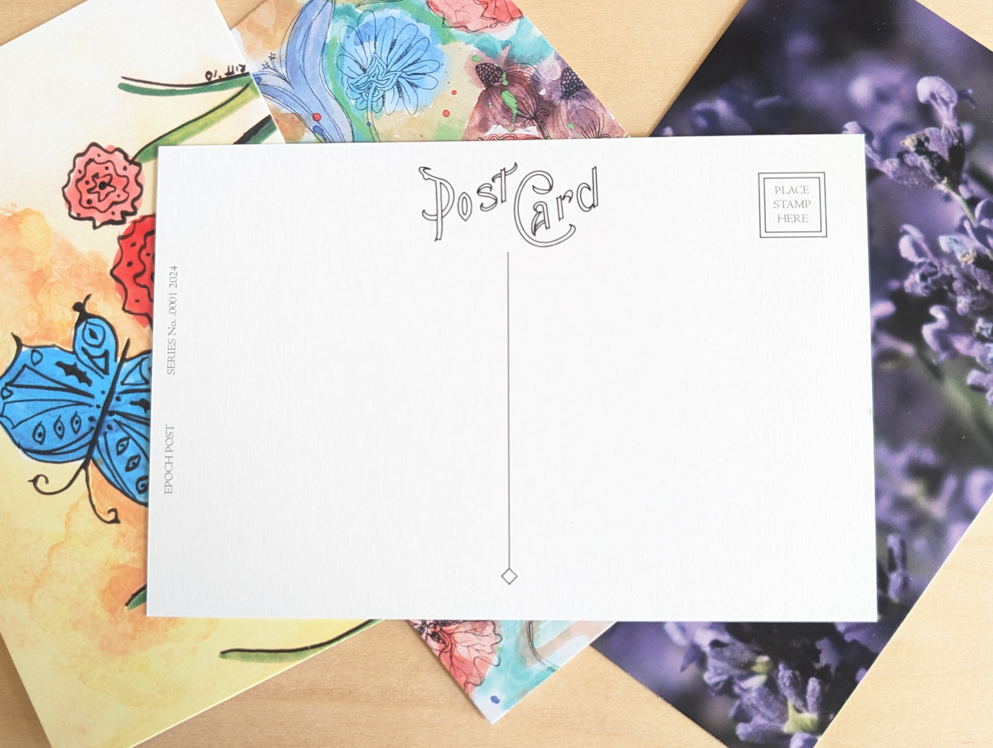 4 Epoch Post Original Postcards 2024, 4x6 Inch Postcards, White Cabbage Butterfly and Lavender, Little Things, Britabean Logo, Sound Garden