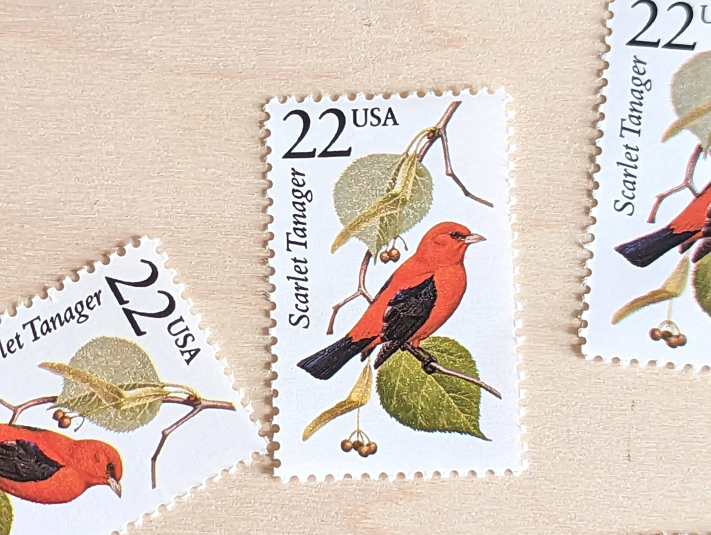 Scarlet Tanager, Set of 5, Vintage Unused USPS 22 Cent Postage Stamps, North American Wildlife Series 1987, Gummed