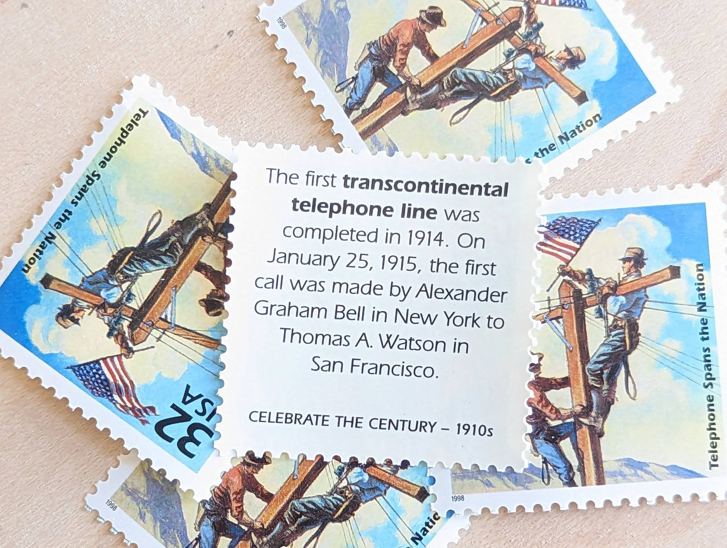 Transcontinental Telephone Line, Set of 5, Vintage Unused USPS 32 Cent Postage Stamps, 1910s Celebrate the Century Stamps 1998, Gummed