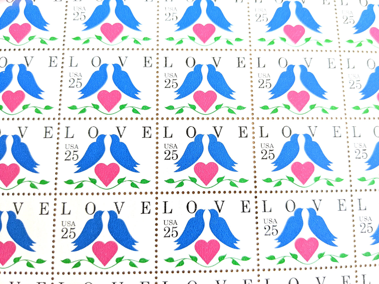 Doves and Heart, Vintage Unused USPS 25 Cent Postage Stamps, Love Series Stamps, 1995, Gummed