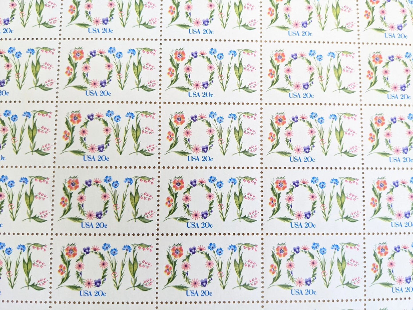 Love Flower Stamps, Vintage Unused USPS 20 Cent Postage Stamps, Love Stamps 1982, Gummed