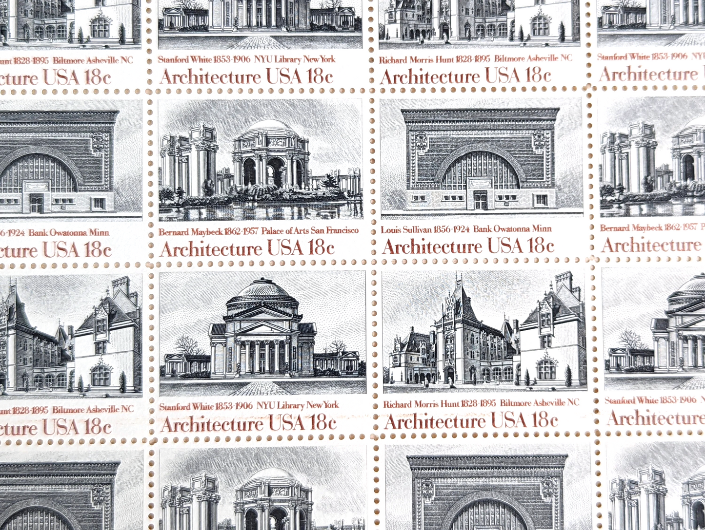 Architecture, Vintage Unused USPS 18 Cent Postage Stamps, American Architecture (Biltmore Asheville NC, NYU Library, Palace of Arts San Francisco, Bank Owatonna), 1981, Gummed