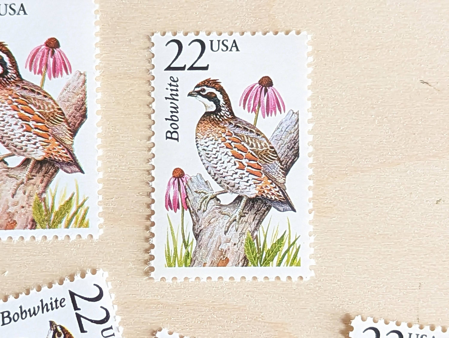 Bobwhite, Set of 5, Vintage Unused USPS 22 Cent Postage Stamps, North American Wildlife Series 1987, Gummed