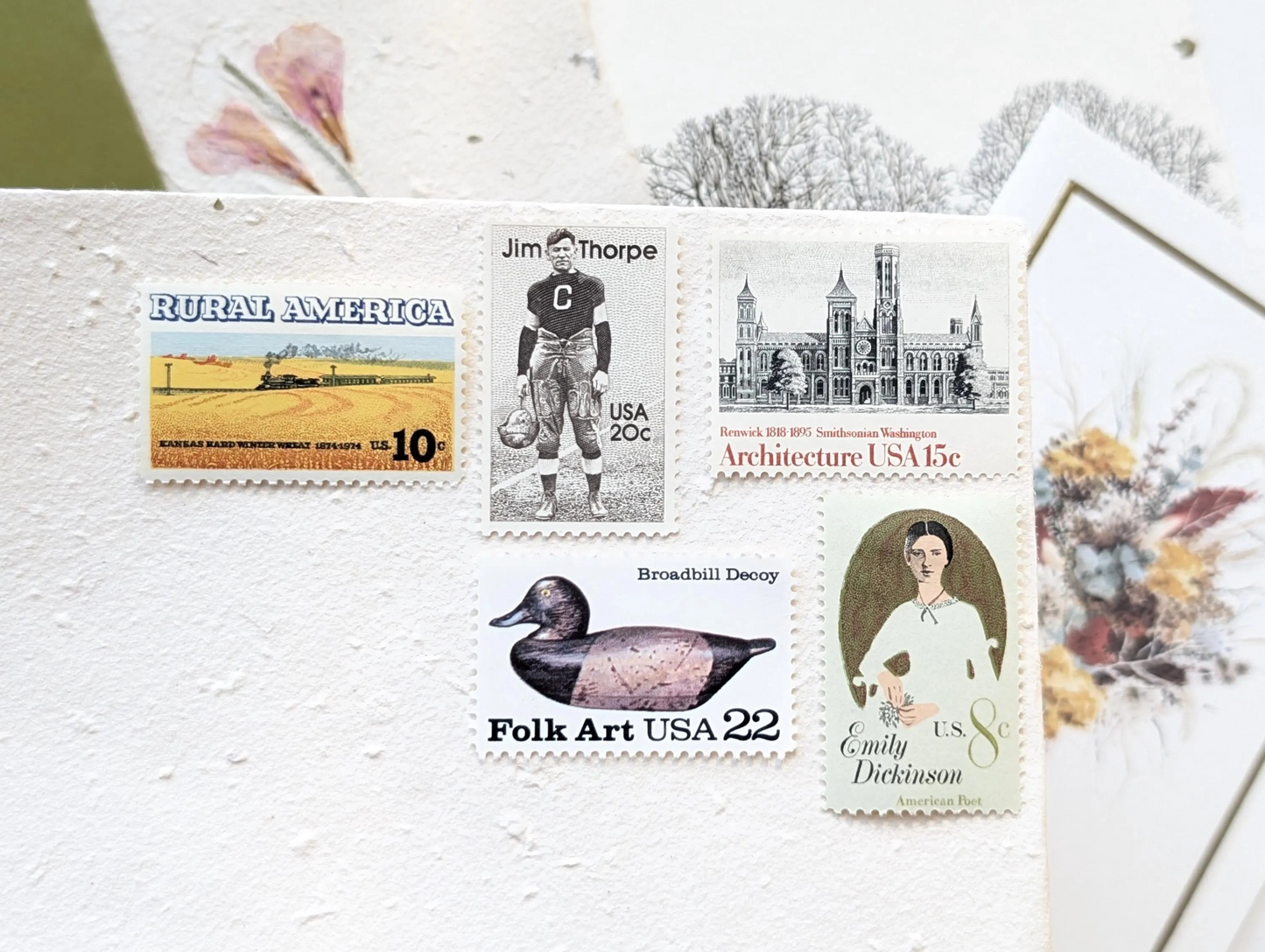 Architecture, Vintage Unused USPS 15 Cent Postage Stamps, American Architecture (Boston State House, Philadelphia Exchange, Baltimore Cathedral, Virginia Rotunda), 1979, Gummed