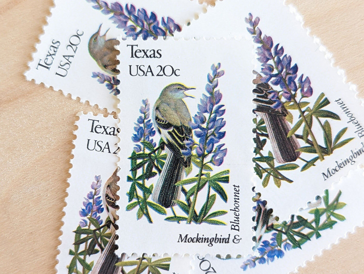 Texas State Stamp, Set of 5, Vintage Unused USPS 20 Cent Postage Stamps, State Bird and Flower 1982, Gummed