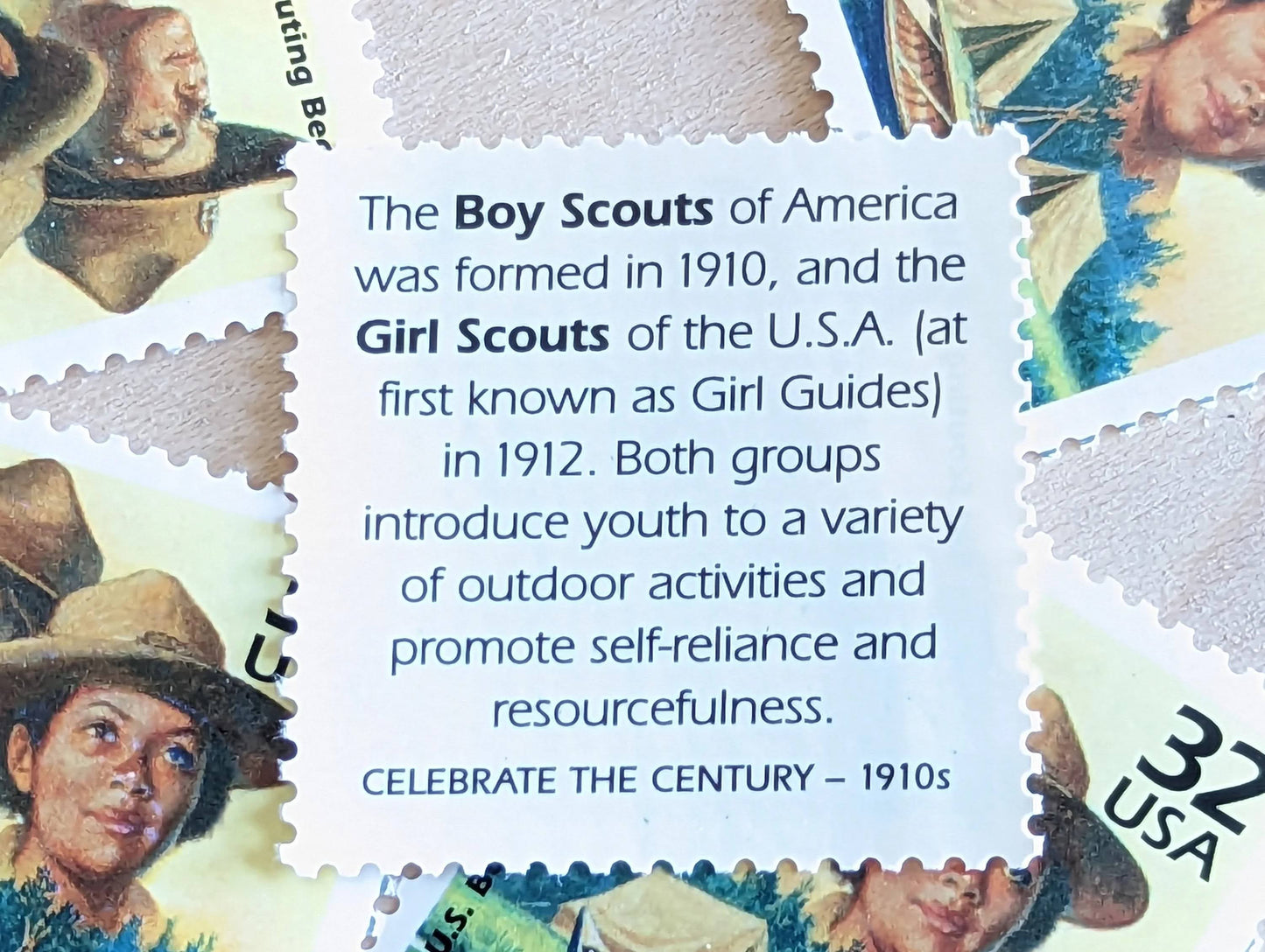 Boy and Girl Scouts of America, Set of 5, Vintage Unused USPS 32 Cent Postage Stamps, 1910s Celebrate the Century Series 1998, Gummed