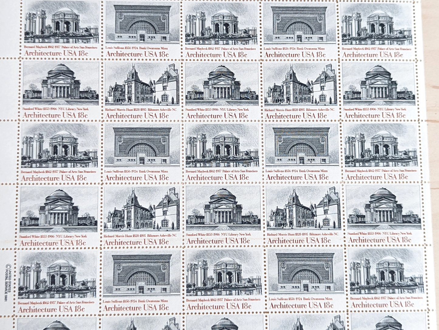 Architecture, Vintage Unused USPS 18 Cent Postage Stamps, American Architecture (Biltmore Asheville NC, NYU Library, Palace of Arts San Francisco, Bank Owatonna), 1981, Gummed