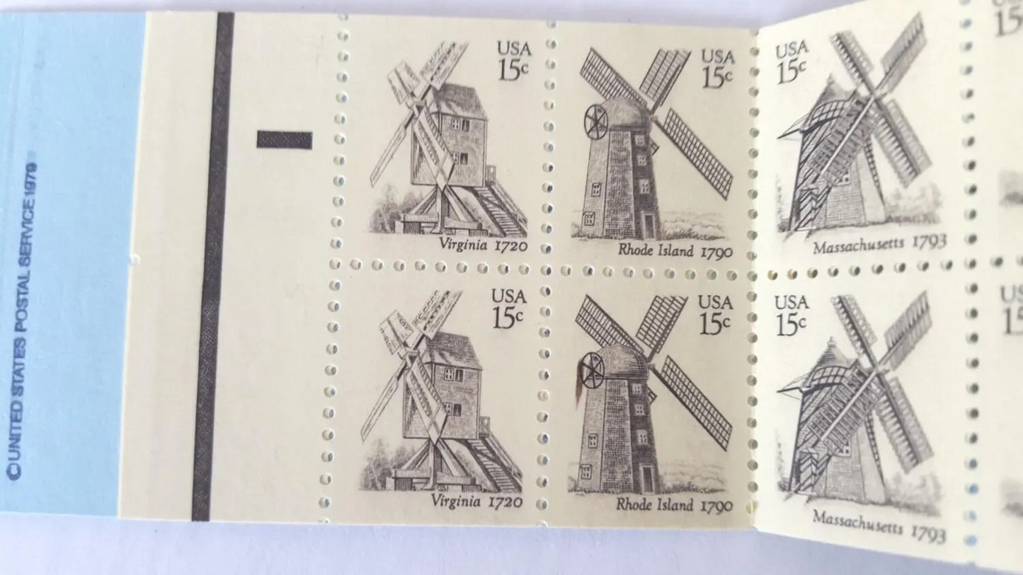 Windmills, Booklet of 20, Vintage Unused USPS 15 Cent Postage Stamps, Windmills (Virginia, Rhode Island, Massachusetts, Illinois, and Texas), 1980, Gummed