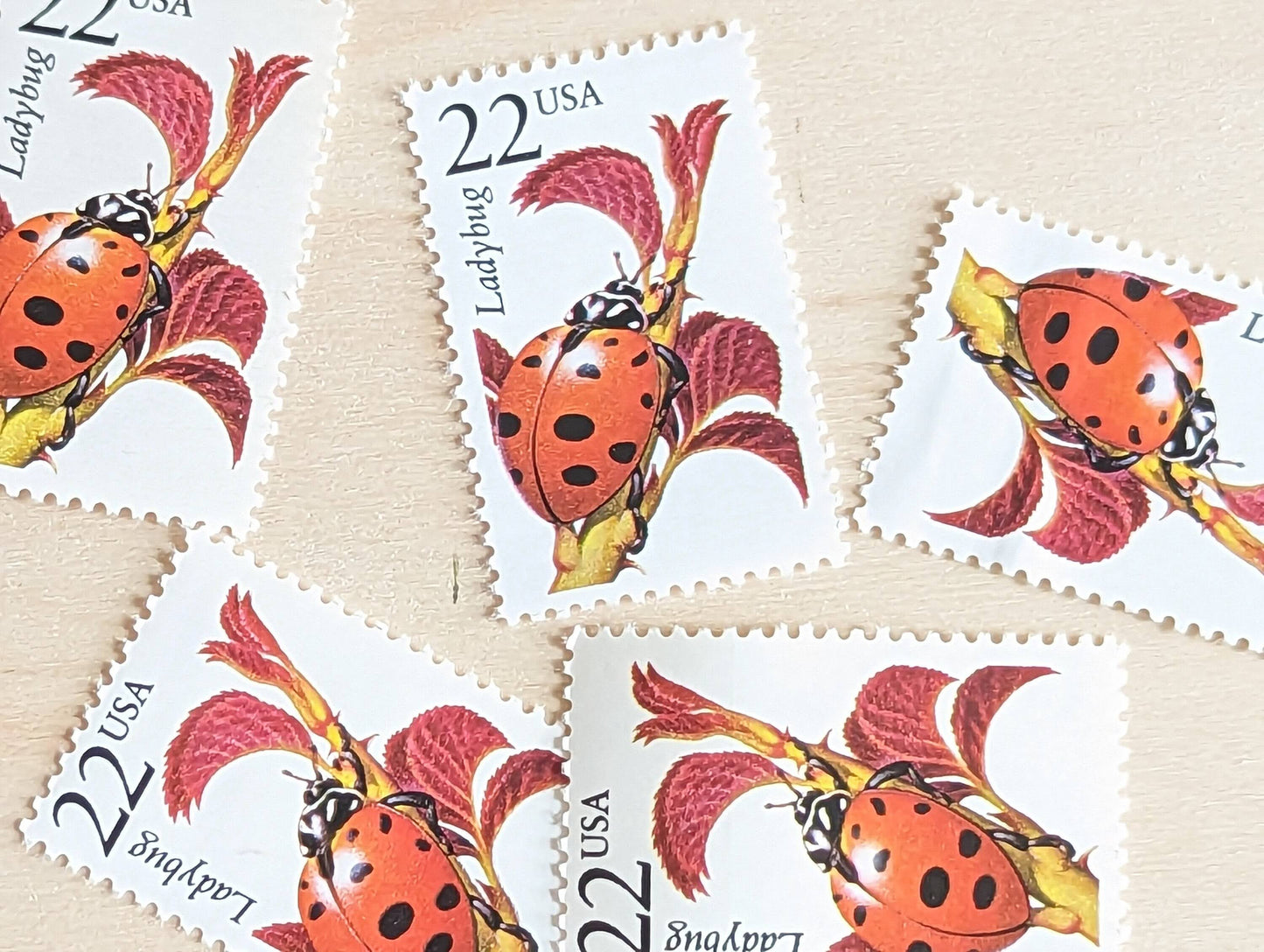Lady Bug, Set of 5, Vintage Unused USPS 22 Cent Postage Stamps, North American Wildlife Series 1987, Gummed