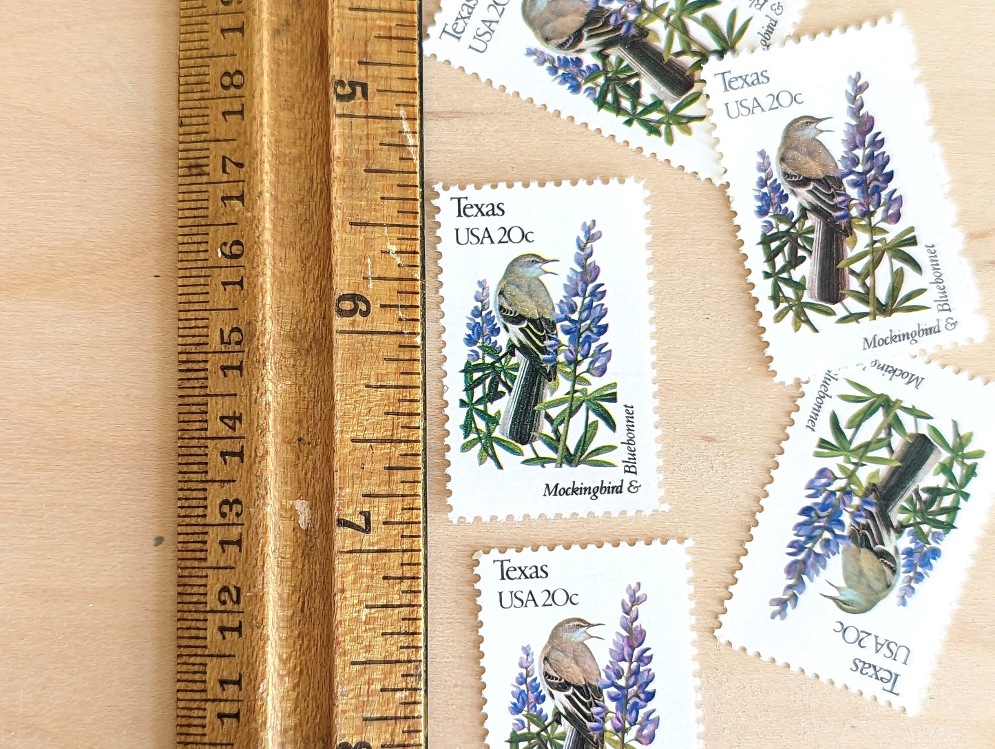 Texas State Stamp, Set of 5, Vintage Unused USPS 20 Cent Postage Stamps, State Bird and Flower 1982, Gummed