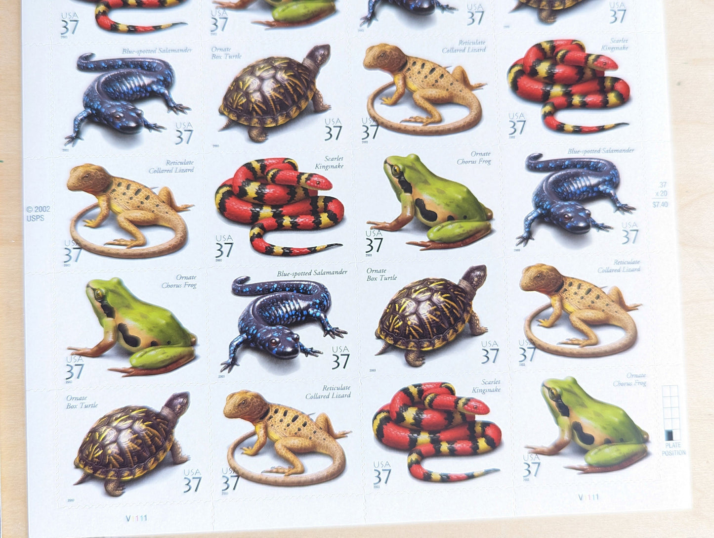 Sheet of 20 Reptiles and Amphibians Unused US Stamps, 2002, 37 Cent Stamps, Frog, Lizard, Box Turtle, Scarlet Kingsnake, Salamander