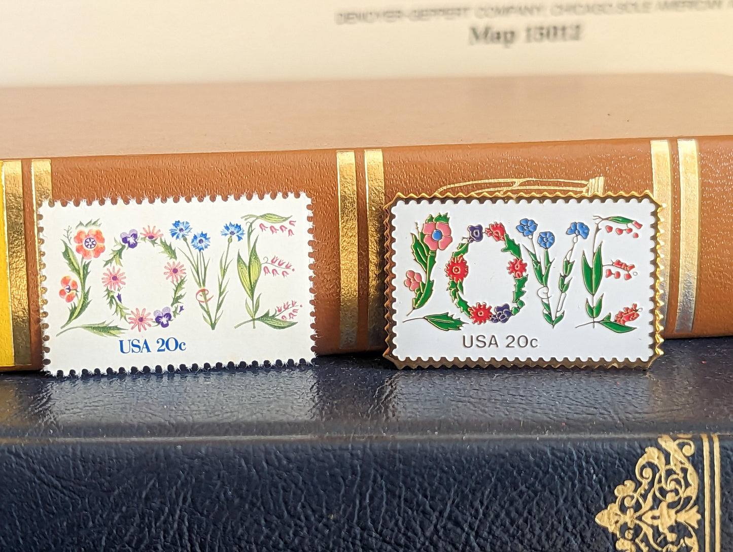 Floral Love Postage Stamp Enamel Pin and 20 Cent Stamp