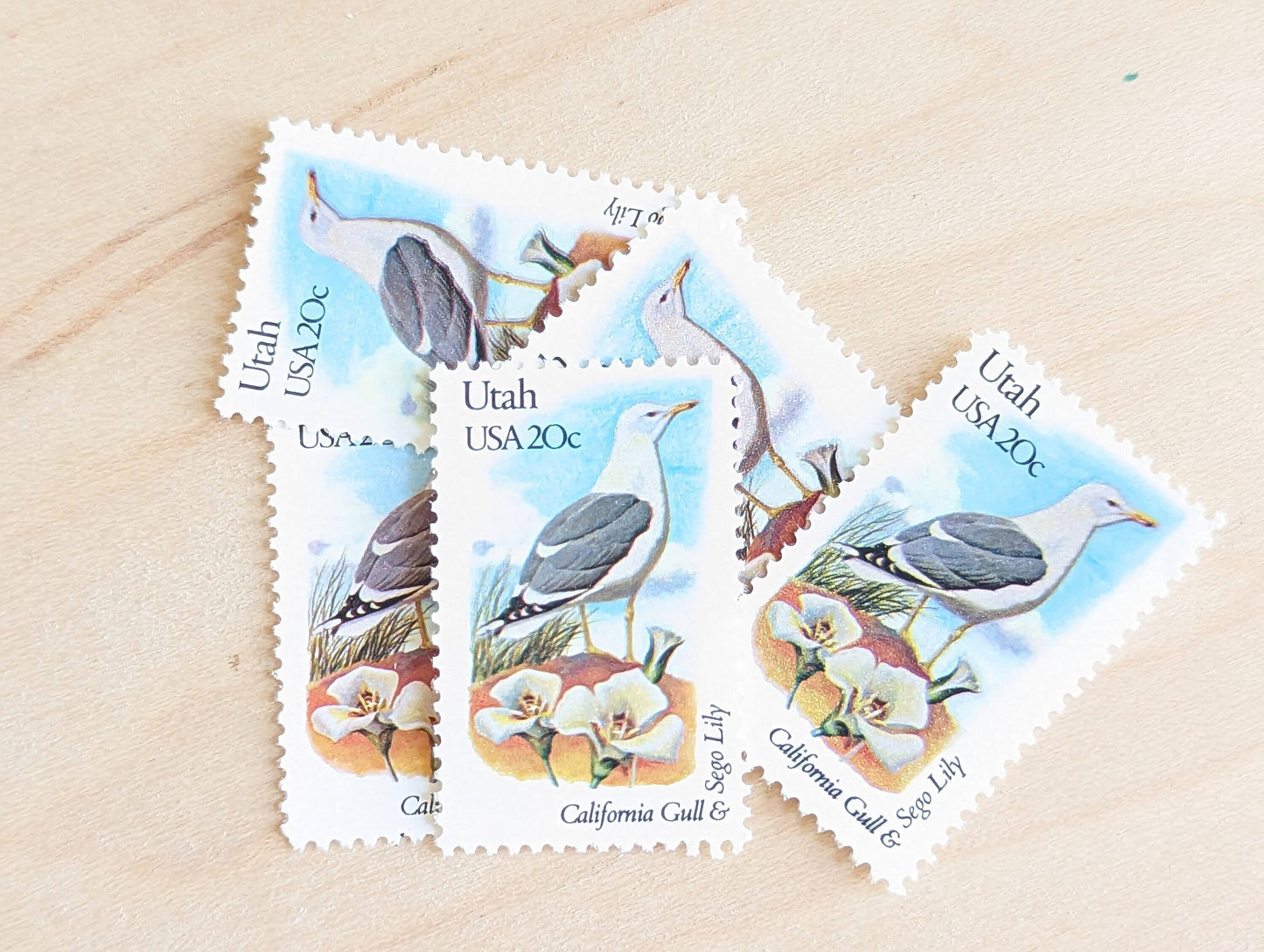 Utah State Stamp, Set of 5, Vintage Unused USPS 20 Cent Postage Stamps, State Bird and Flower 1982, Gummed