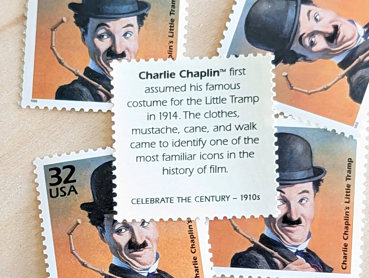 Charlie Chaplin, Set of 5, Vintage Unused USPS 32 Cent Postage Stamps, 1910s Celebrate the Century Stamps 1998, Gummed