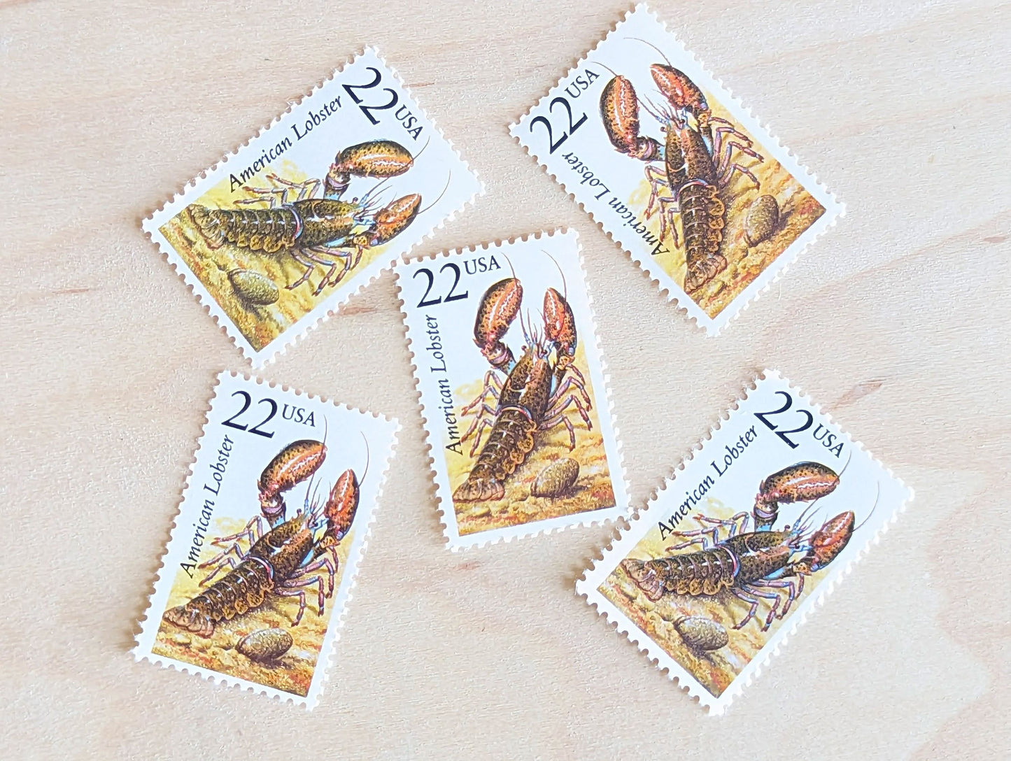 American Lobster, Set of 5, Vintage Unused USPS 22 Cent Postage Stamps, North American Wildlife Series 1987, Gummed