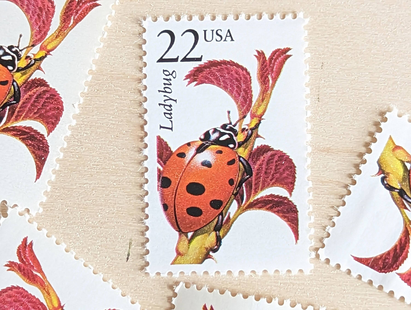 Lady Bug, Set of 5, Vintage Unused USPS 22 Cent Postage Stamps, North American Wildlife Series 1987, Gummed