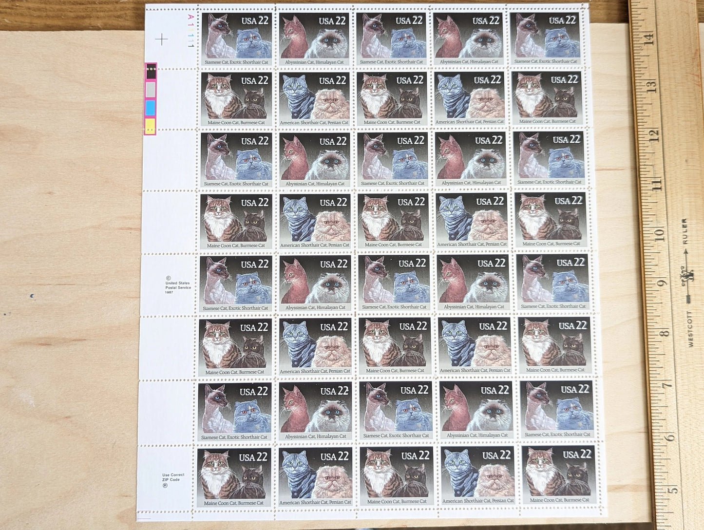 Cats, Sheet of 40, Vintage Unused USPS 22 Cent Postage Stamps, Cat Stamps (American Shorthair, Persian, Abyssinian, Himalayan, Siamese, Exotic Shorthair, Maine Coon, Burmese), 1987, Gummed