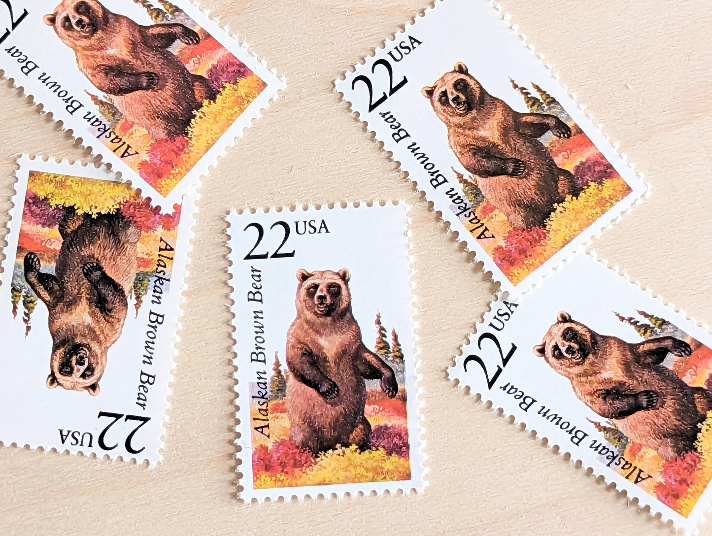 Alaskan Brown Bear, Set of 5, Vintage Unused USPS 22 Cent Postage Stamps, North American Wildlife Series 1987, Gummed