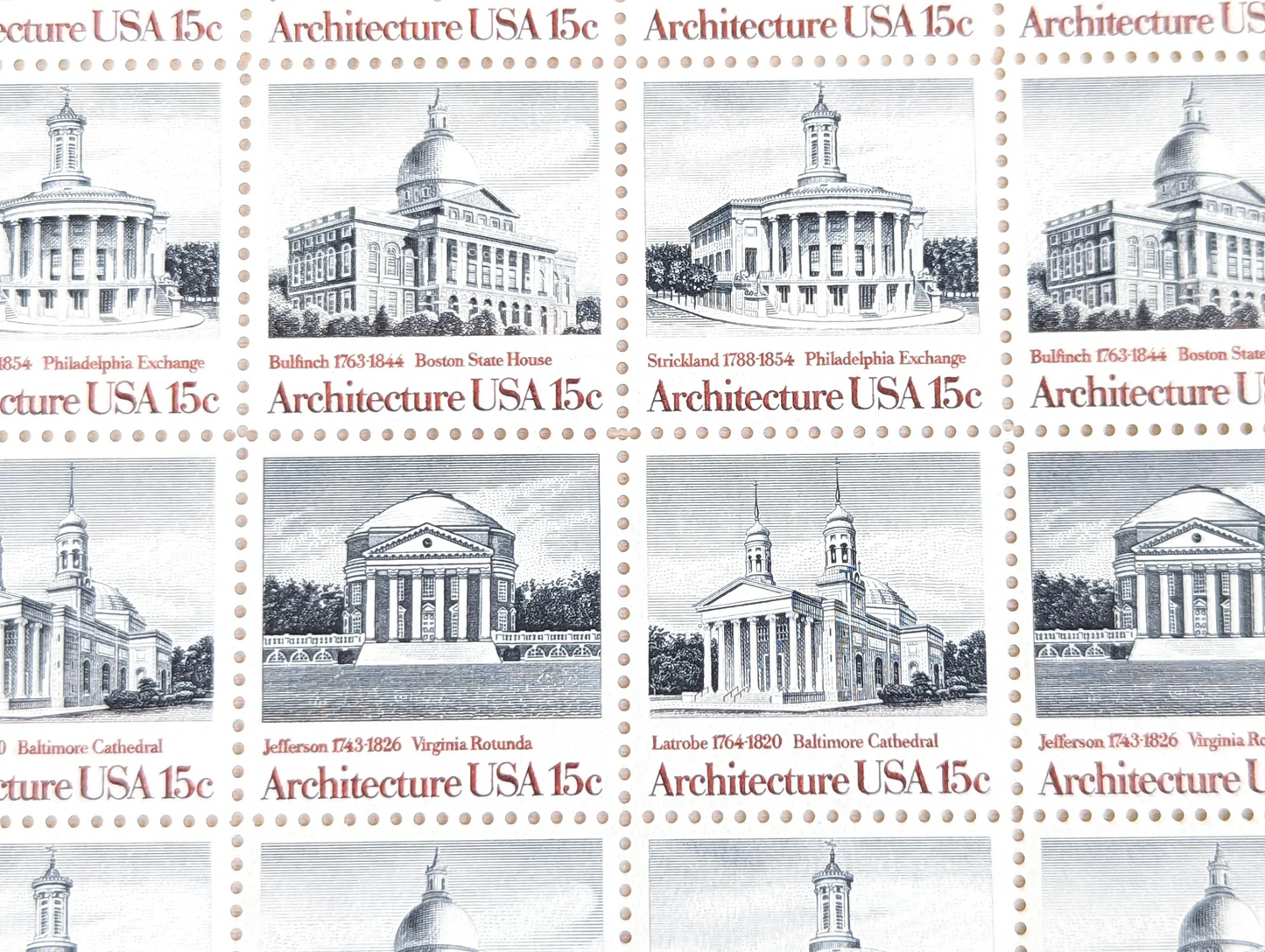 Architecture, Vintage Unused USPS 15 Cent Postage Stamps, American Architecture (Boston State House, Philadelphia Exchange, Baltimore Cathedral, Virginia Rotunda), 1979, Gummed
