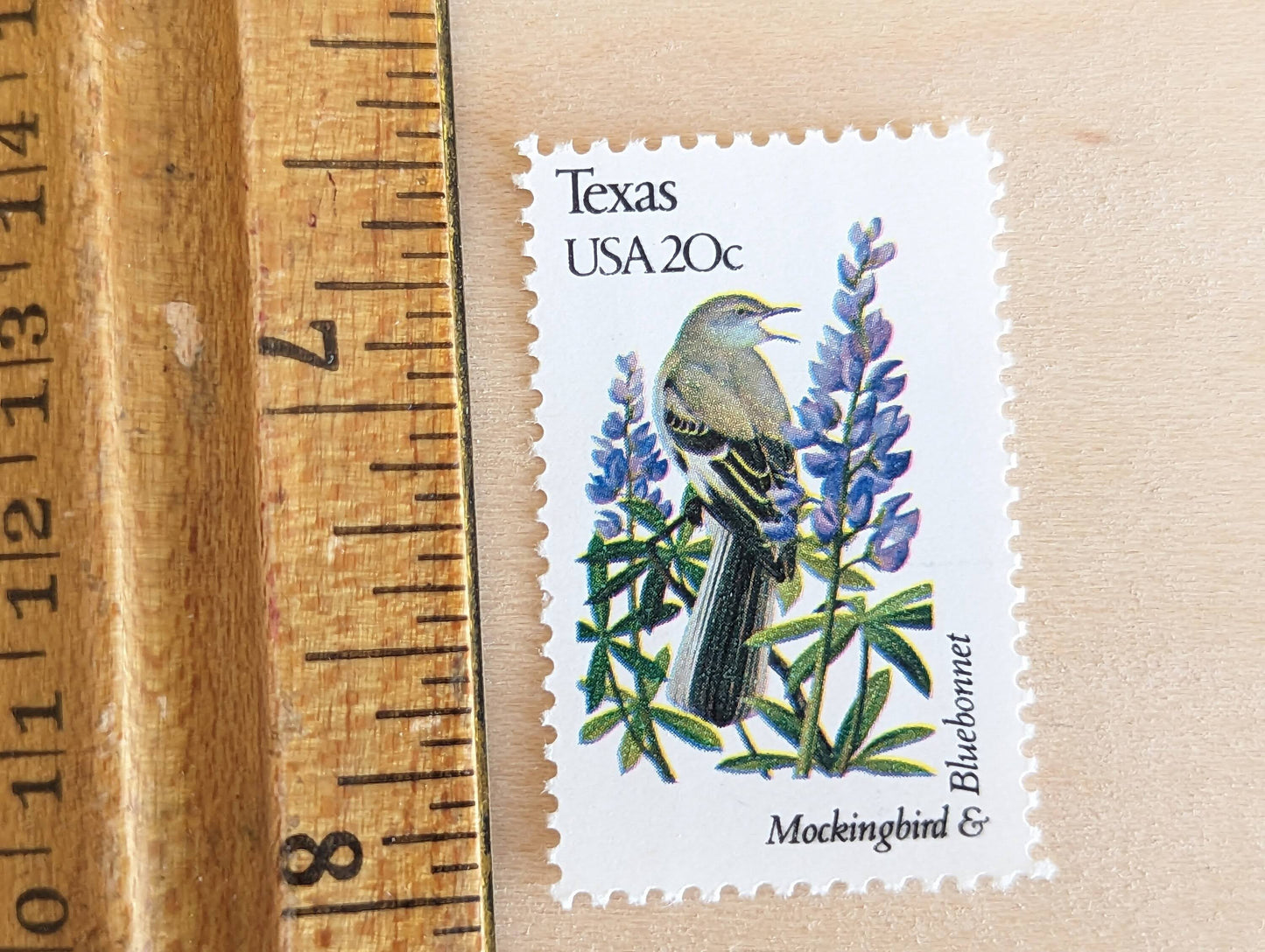 Texas State Stamp, Set of 5, Vintage Unused USPS 20 Cent Postage Stamps, State Bird and Flower 1982, Gummed