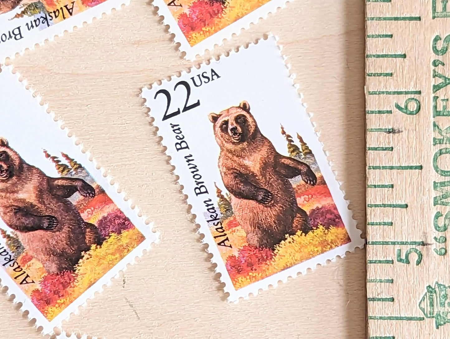 Alaskan Brown Bear, Set of 5, Vintage Unused USPS 22 Cent Postage Stamps, North American Wildlife Series 1987, Gummed