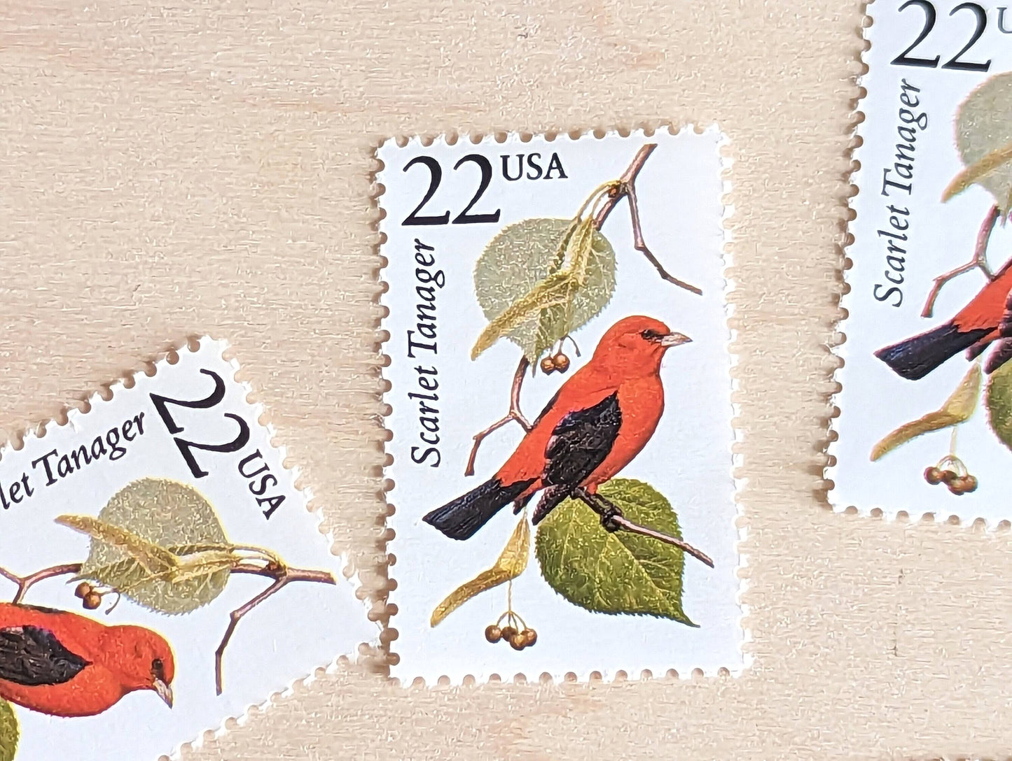 Scarlet Tanager, Set of 5, Vintage Unused USPS 22 Cent Postage Stamps, North American Wildlife Series 1987, Gummed