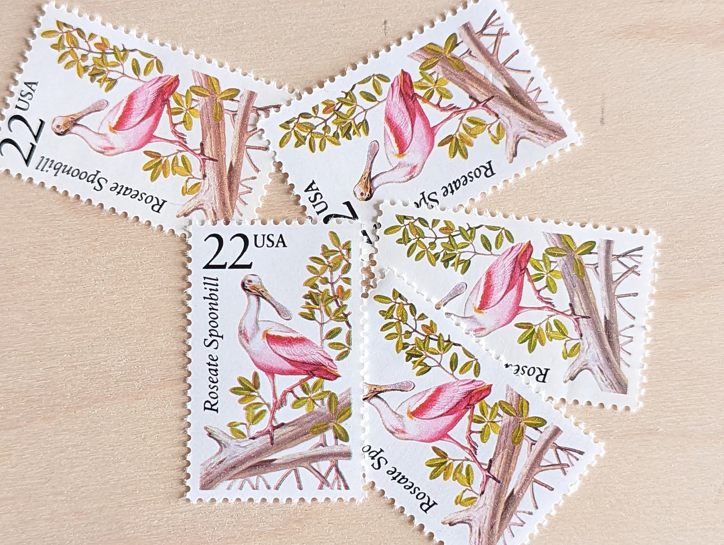 Roseate Spoonbill, Set of 5, Vintage Unused USPS 22 Cent Postage Stamps, North American Wildlife Series 1987, Gummed