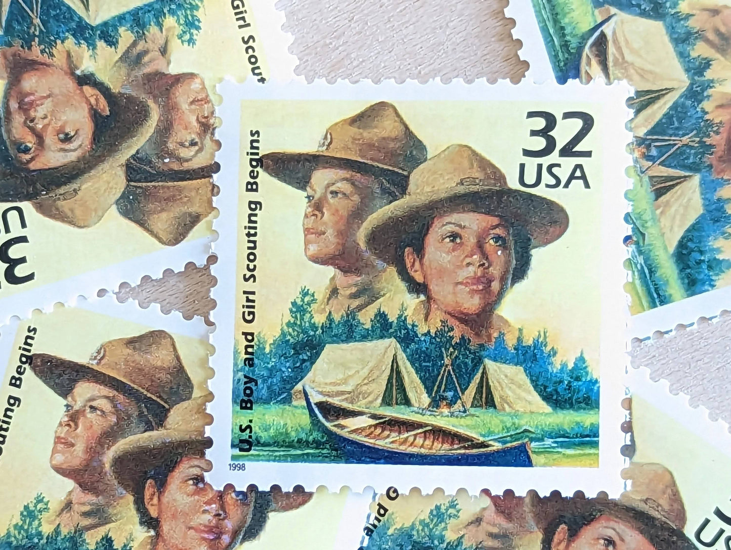 Boy and Girl Scouts of America, Set of 5, Vintage Unused USPS 32 Cent Postage Stamps, 1910s Celebrate the Century Series 1998, Gummed