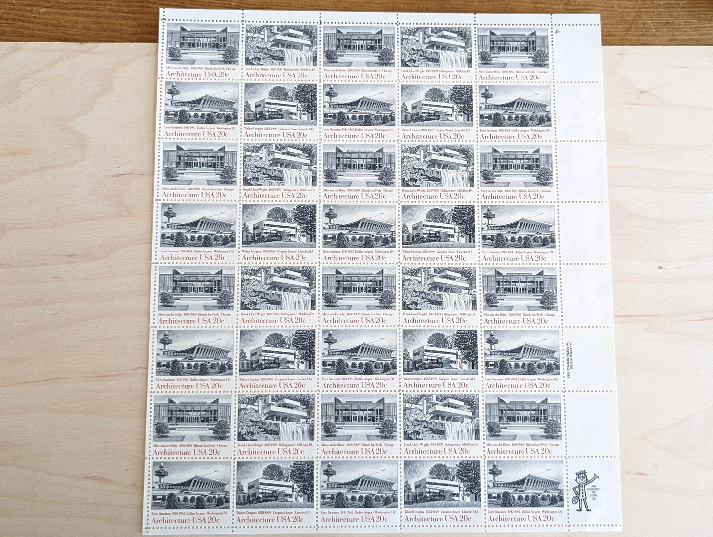 Architecture, Vintage Unused USPS 20 Cent Postage Stamps, American Architecture (Gropius House, Dulles Airport, Fallingwater, Illinois Inst Tech), 1982, Gummed
