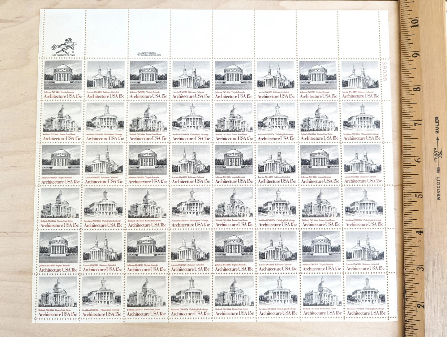 Architecture, Vintage Unused USPS 15 Cent Postage Stamps, American Architecture (Boston State House, Philadelphia Exchange, Baltimore Cathedral, Virginia Rotunda), 1979, Gummed