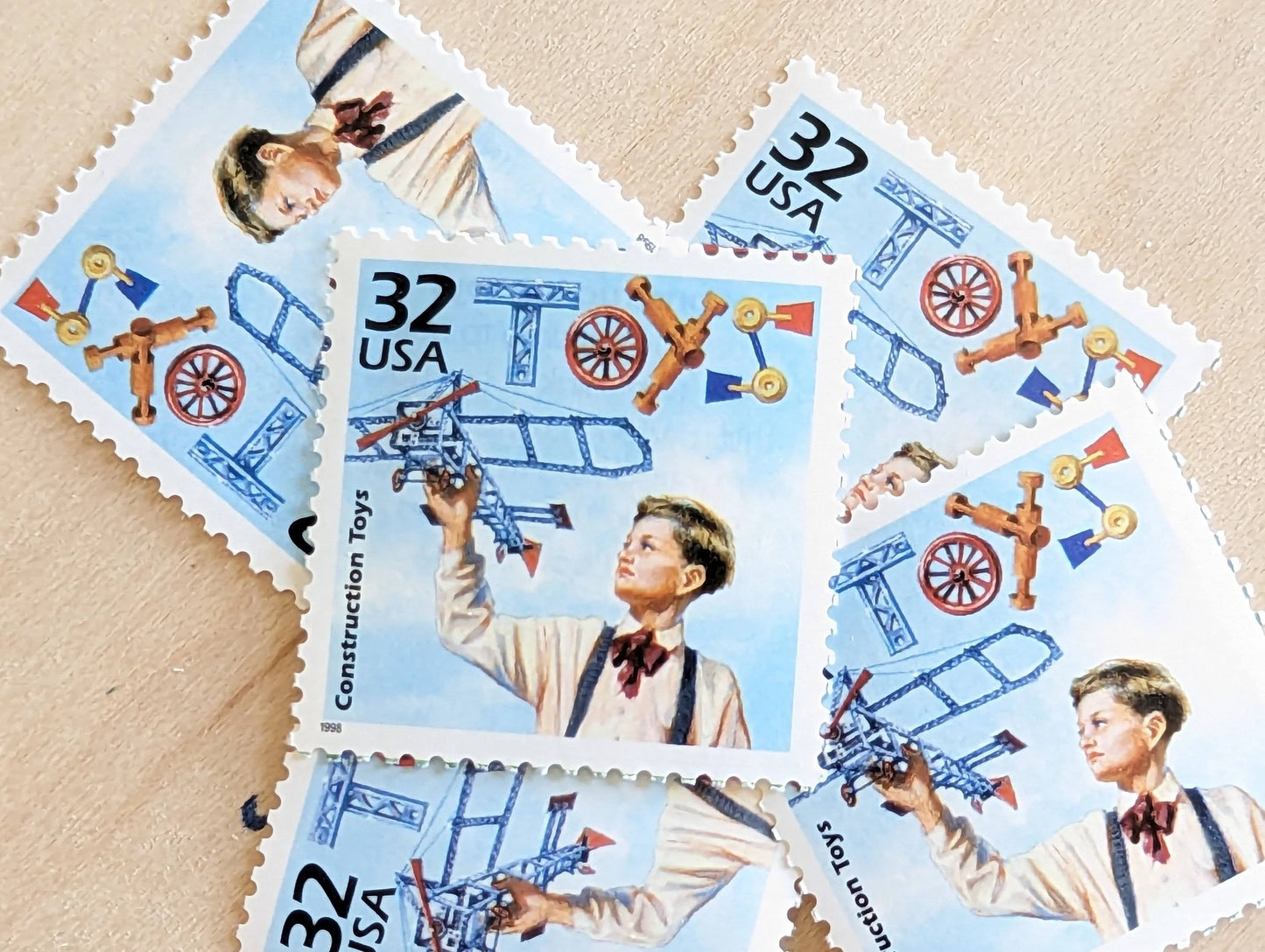 Construction Toys, Set of 5, Vintage Unused USPS 32 Cent Postage Stamps, 1910s Celebrate the Century Stamps 1998, Gummed