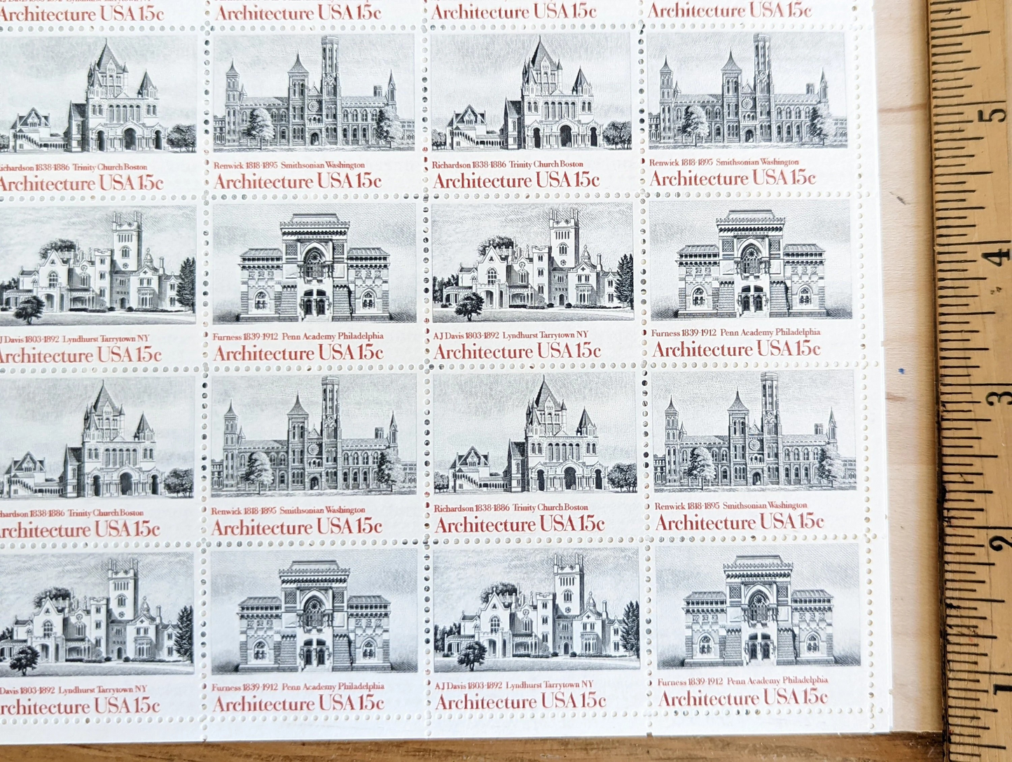 Architecture, Vintage Unused USPS 15 Cent Postage Stamps, American Architecture (Smithsonian, Trinity Church Boston, Penn Academy and Lyndhurst), 1980, Gummed