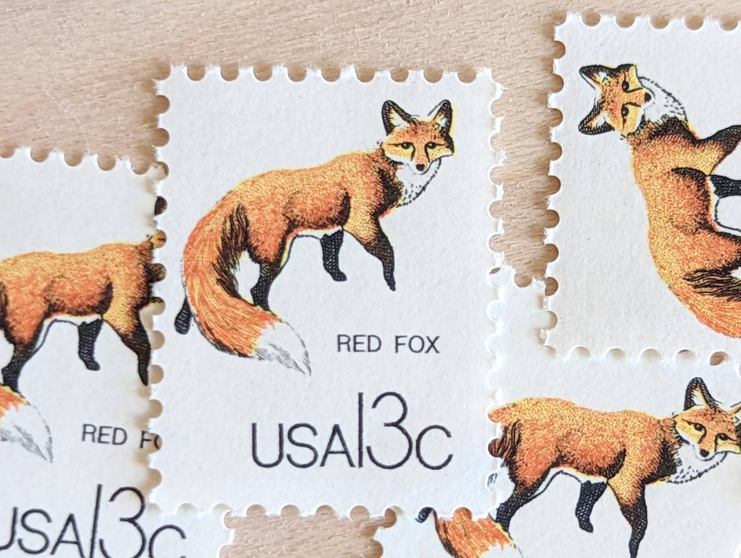 Red Fox Stamps, Set of 10, Vintage Unused USPS 13 Cent Postage Stamps, Woodland Animal Stamps 1978, Gummed