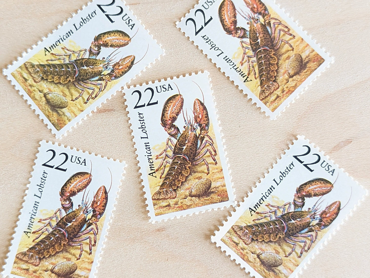 American Lobster, Set of 5, Vintage Unused USPS 22 Cent Postage Stamps, North American Wildlife Series 1987, Gummed