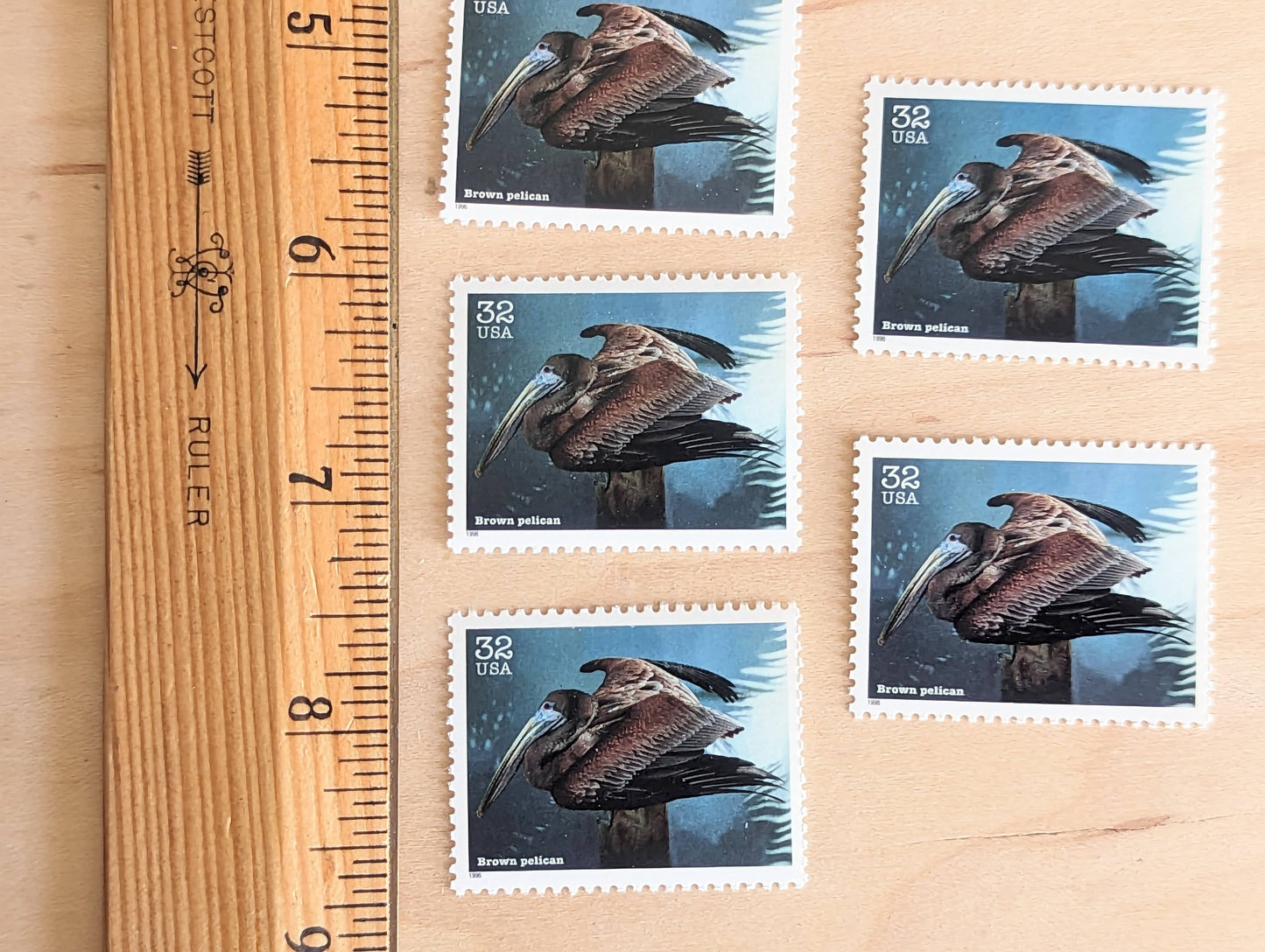 Brown Pelican Stamps, Set of 5, Vintage Unused USPS 32 Cent Postage Stamps, Endangered Species 1995, Gummed