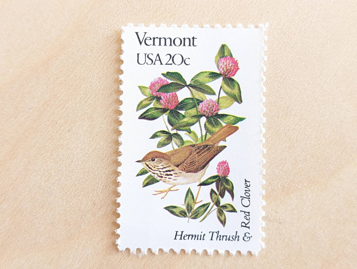 Vermont State Stamp, Set of 5, Vintage Unused USPS 20 Cent Postage Stamps, State Bird and Flower 1982, Gummed