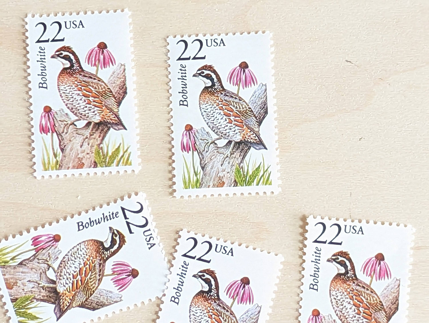 Bobwhite, Set of 5, Vintage Unused USPS 22 Cent Postage Stamps, North American Wildlife Series 1987, Gummed