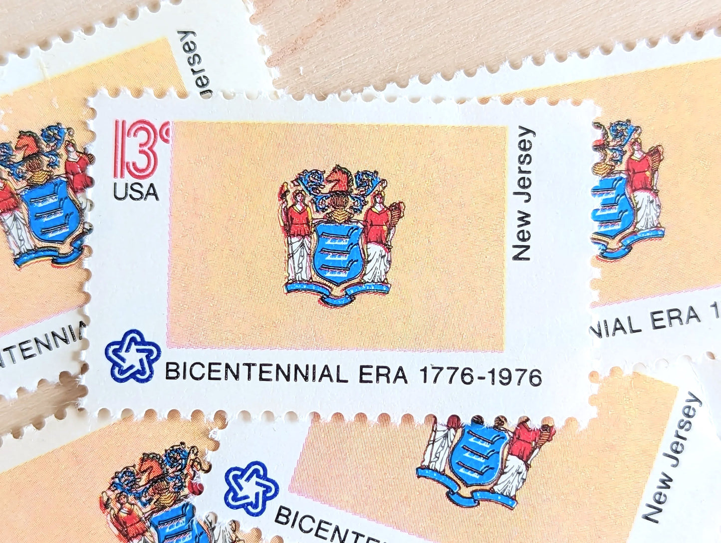 New Jersey State Flag, Set of 10, Vintage Unused USPS 13 Cent Postage Stamps, State Flags 1976, Gummed