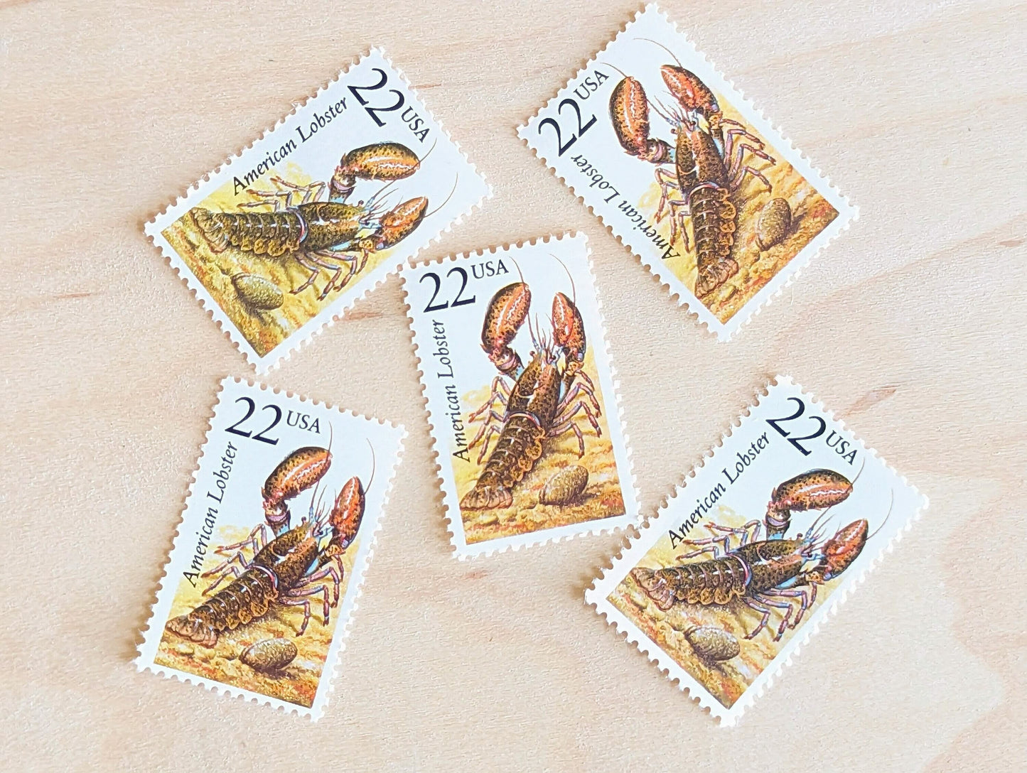 American Lobster, Set of 5, Vintage Unused USPS 22 Cent Postage Stamps, North American Wildlife Series 1987, Gummed