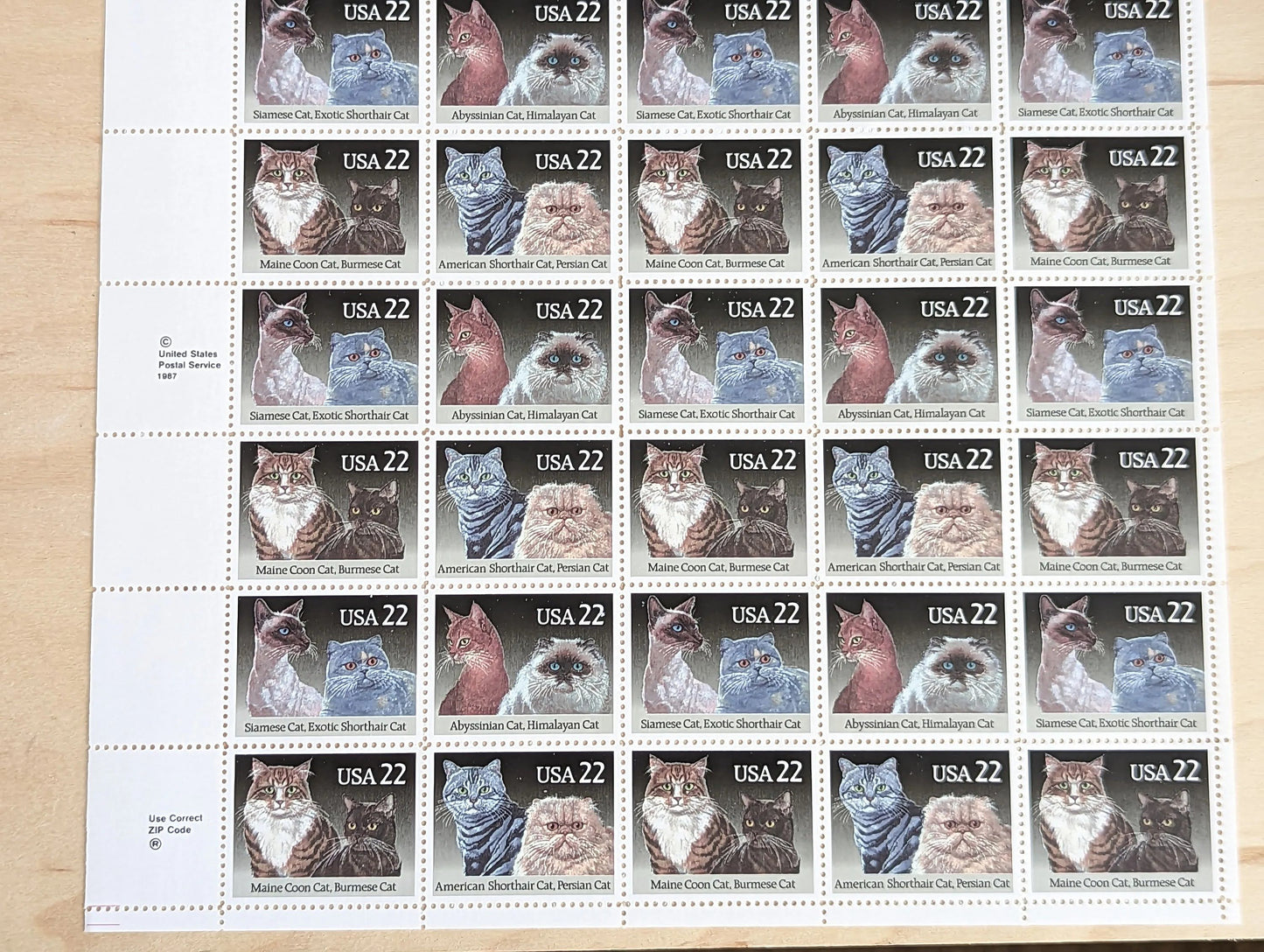 Cats, Sheet of 40, Vintage Unused USPS 22 Cent Postage Stamps, Cat Stamps (American Shorthair, Persian, Abyssinian, Himalayan, Siamese, Exotic Shorthair, Maine Coon, Burmese), 1987, Gummed