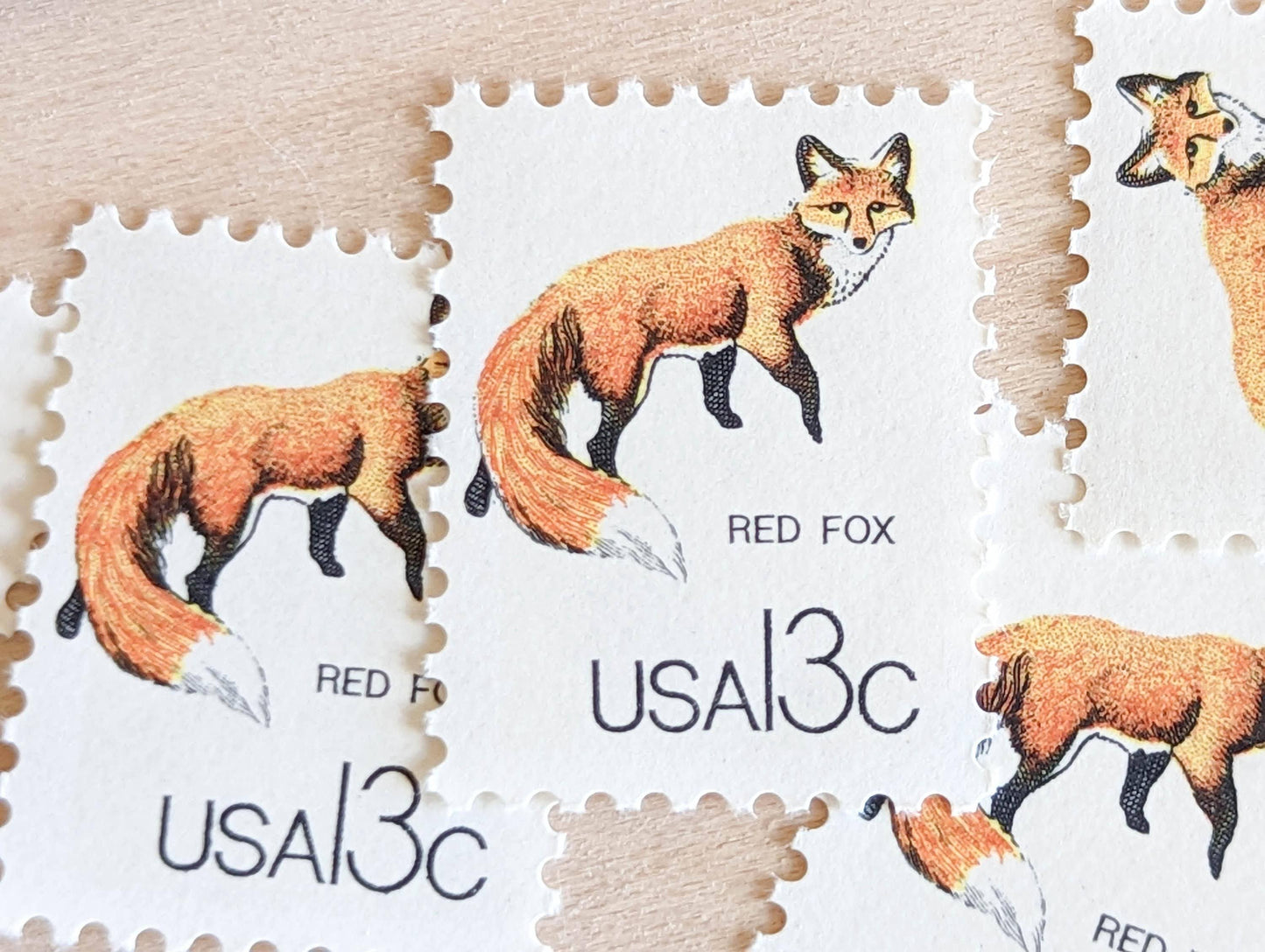 Red Fox Stamps, Set of 10, Vintage Unused USPS 13 Cent Postage Stamps, Woodland Animal Stamps 1978, Gummed