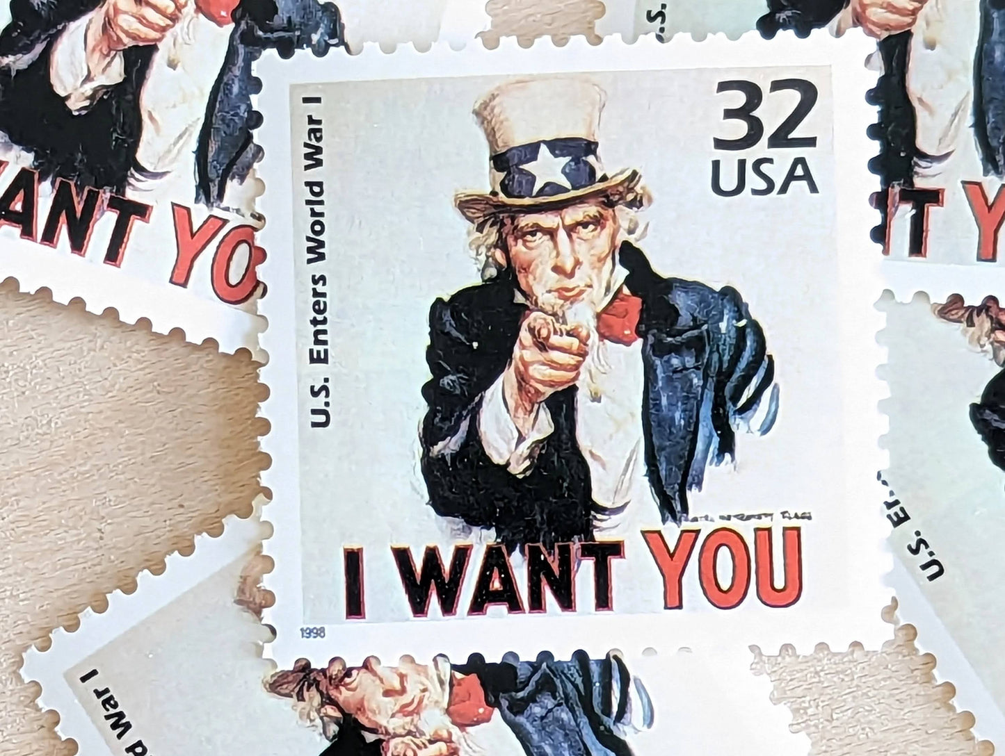 WWI "I Want You", Set of 5, Vintage Unused USPS 32 Cent Postage Stamps, 1910s Celebrate the Century Series 1998, Gummed