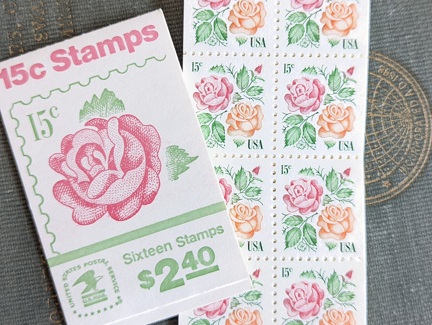 Rose, Booklet of 16, Vintage Unused USPS 15 Cent Postage Stamps, Medallion Rose, 1978, Gummed