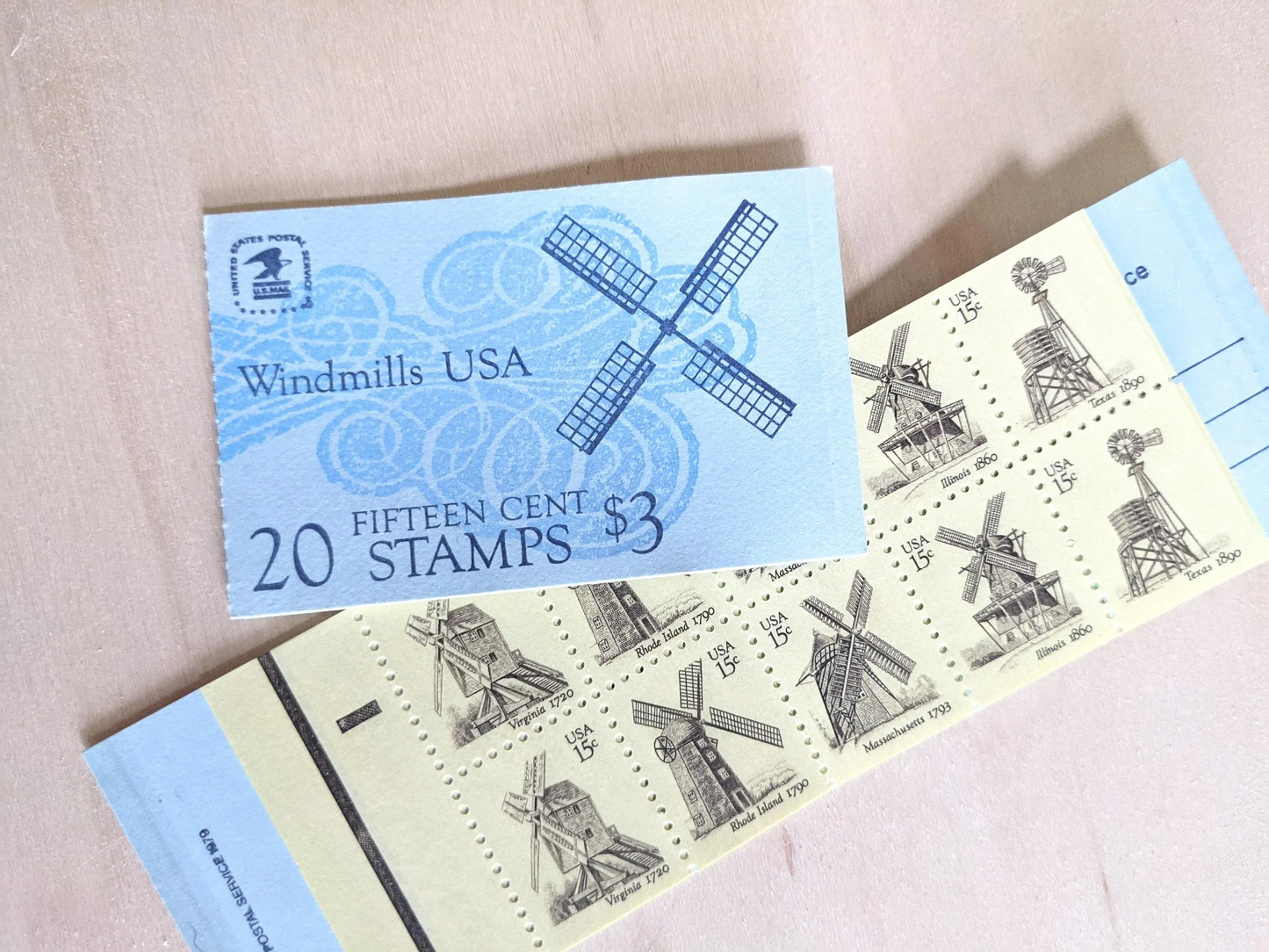 Windmills, Booklet of 20, Vintage Unused USPS 15 Cent Postage Stamps, Windmills (Virginia, Rhode Island, Massachusetts, Illinois, and Texas), 1980, Gummed