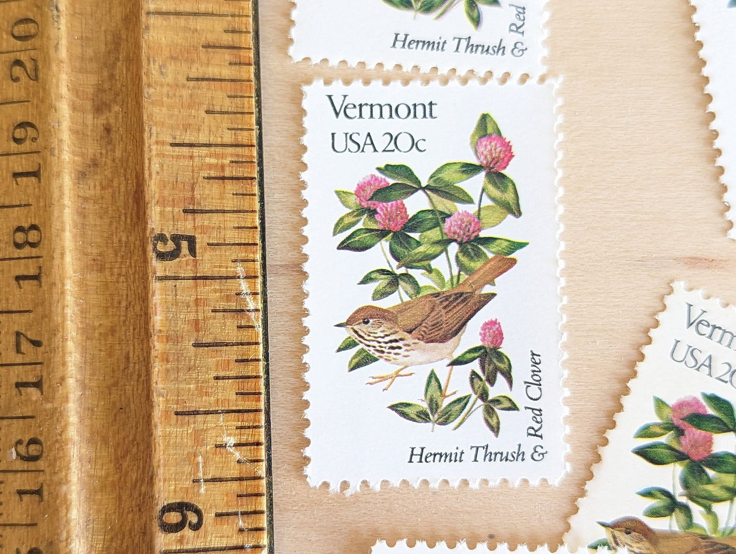 Vermont State Stamp, Set of 5, Vintage Unused USPS 20 Cent Postage Stamps, State Bird and Flower 1982, Gummed