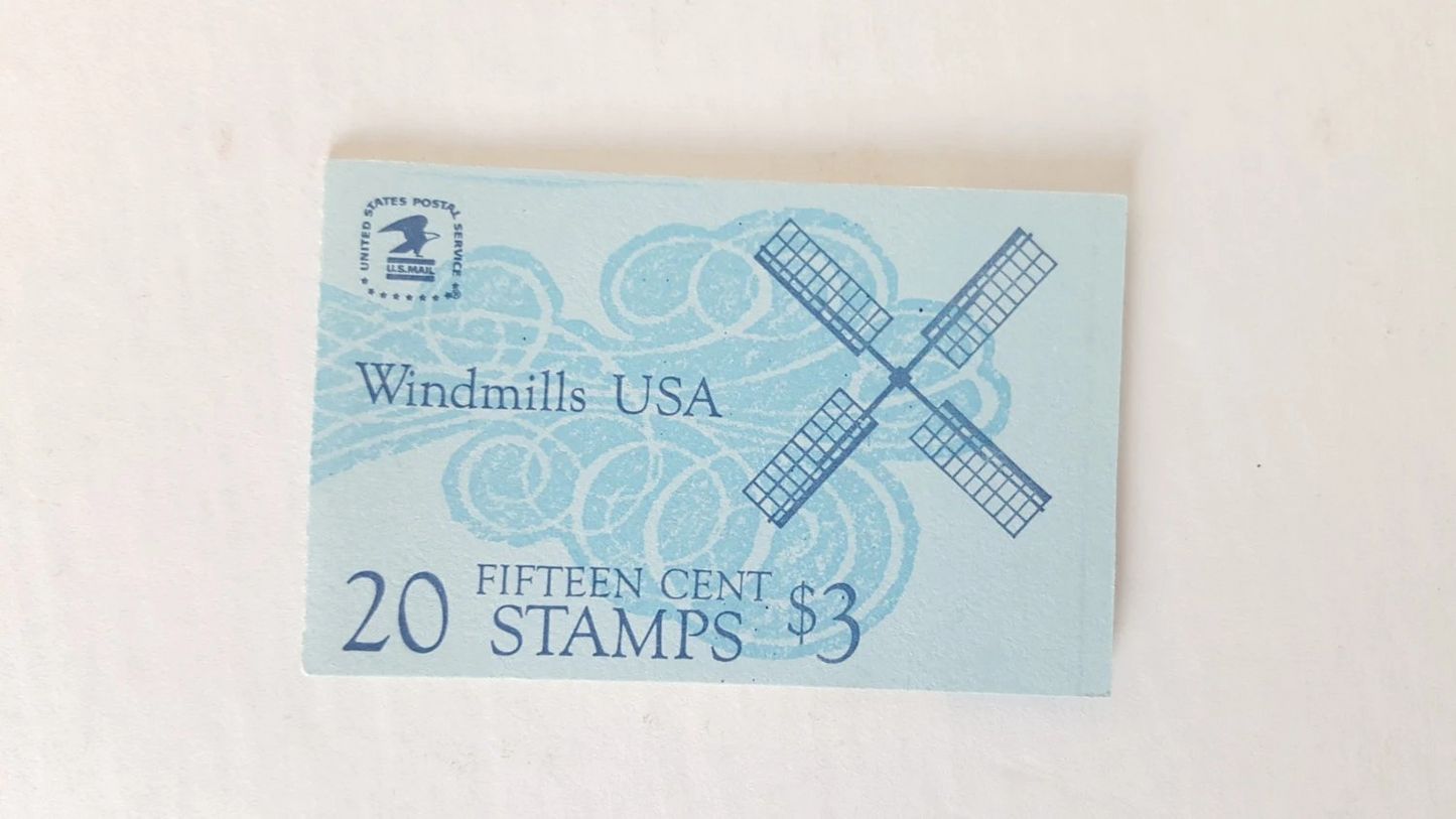 Windmills, Booklet of 20, Vintage Unused USPS 15 Cent Postage Stamps, Windmills (Virginia, Rhode Island, Massachusetts, Illinois, and Texas), 1980, Gummed