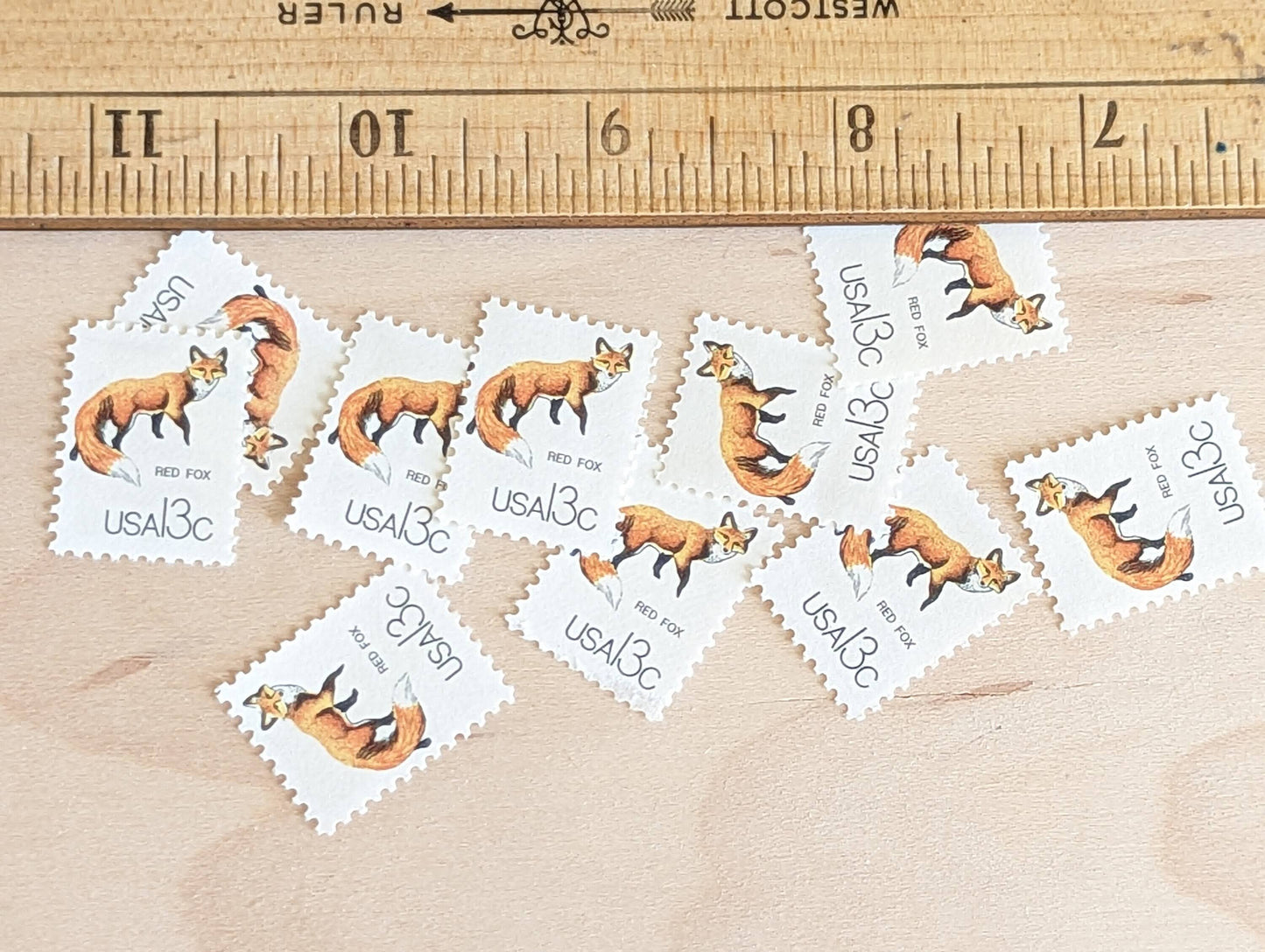 Red Fox Stamps, Set of 10, Vintage Unused USPS 13 Cent Postage Stamps, Woodland Animal Stamps 1978, Gummed