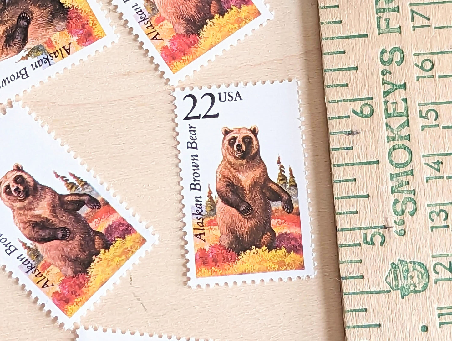 Alaskan Brown Bear, Set of 5, Vintage Unused USPS 22 Cent Postage Stamps, North American Wildlife Series 1987, Gummed
