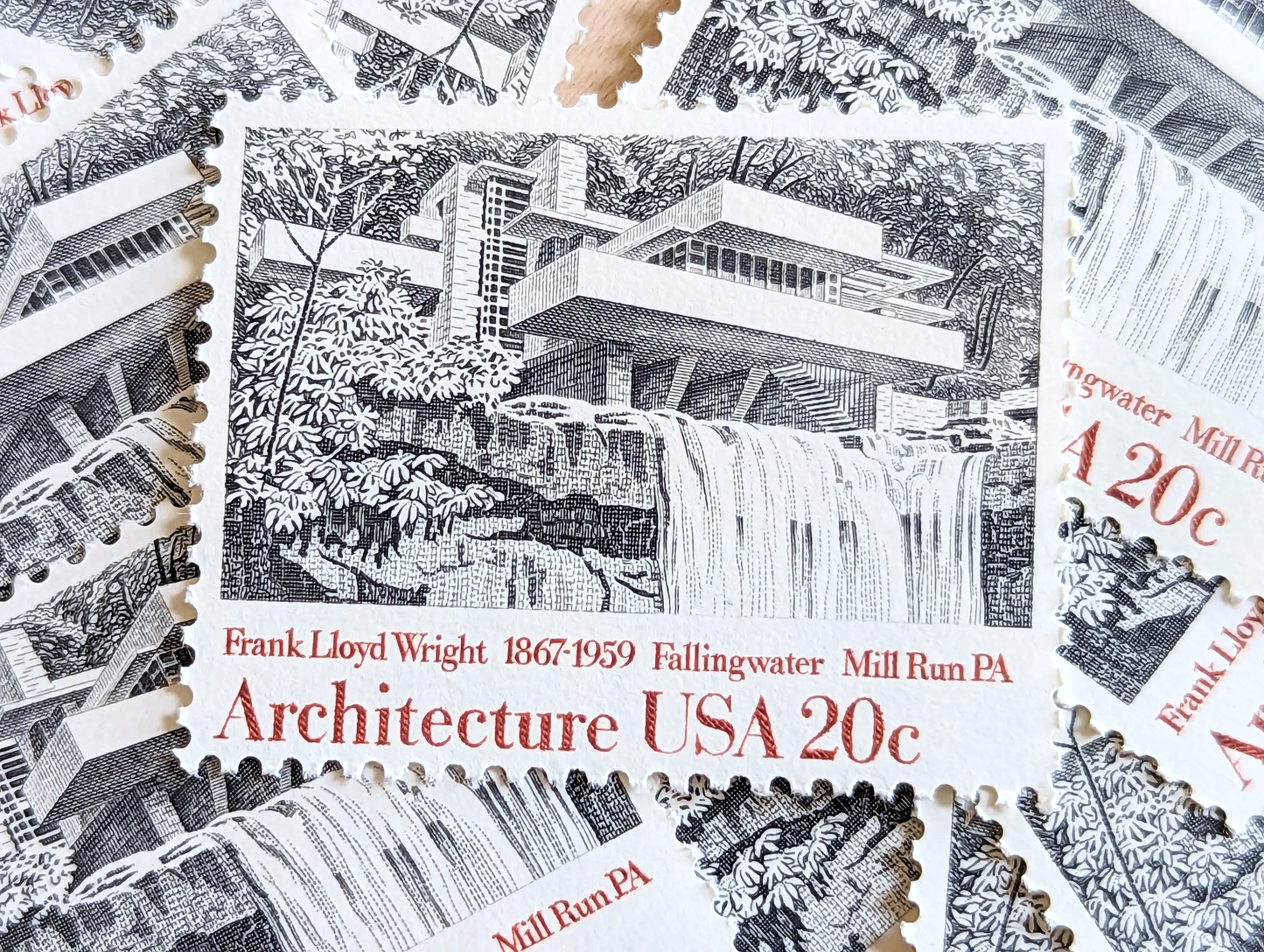Architecture, Vintage Unused USPS 20 Cent Postage Stamps, American Architecture (Gropius House, Dulles Airport, Fallingwater, Illinois Inst Tech), 1982, Gummed